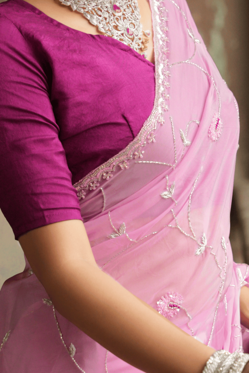 Blush & Wine Elegance: Pink Organza Silk Saree with Jaal Work & Contrasting Blouse