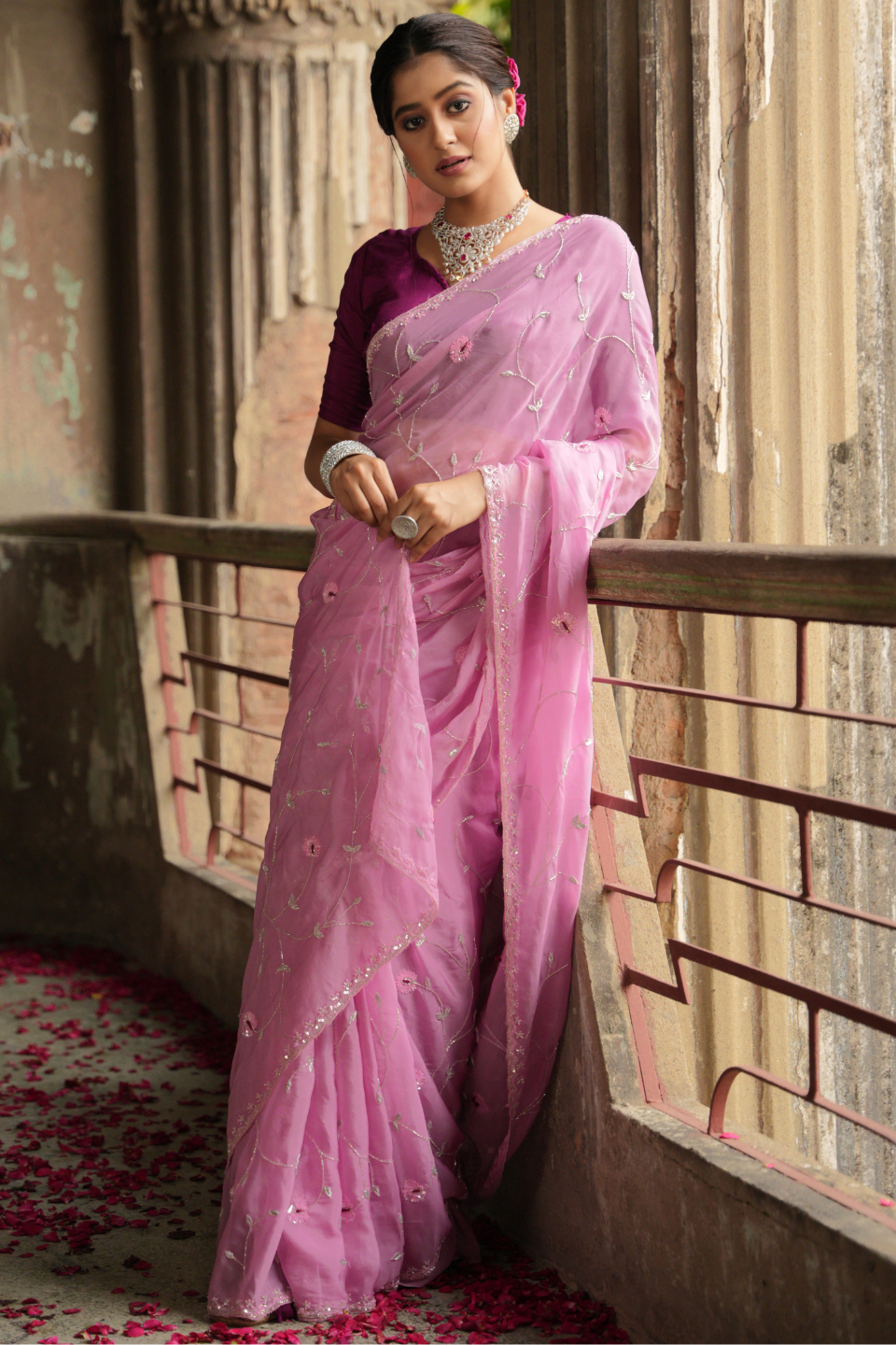 Pink Organza Silk Saree with Jaal Work & Contrasting Blouse